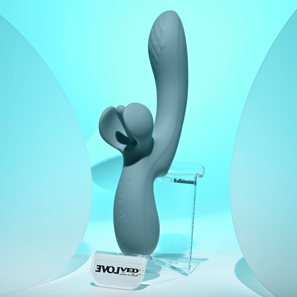 Evolved TAKE YOUR FLICK - Grey 24.1 cm USB Rechargeable Vibrator with Flicking Clitoral Stimulator on display.