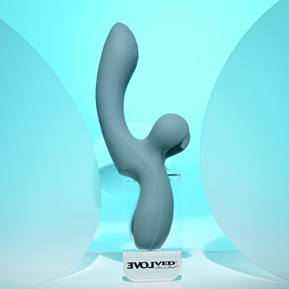 Evolved TAKE YOUR FLICK - Grey 24.1 cm USB Rechargeable Vibrator with Flicking Clitoral Stimulator displayed on a pedestal.
