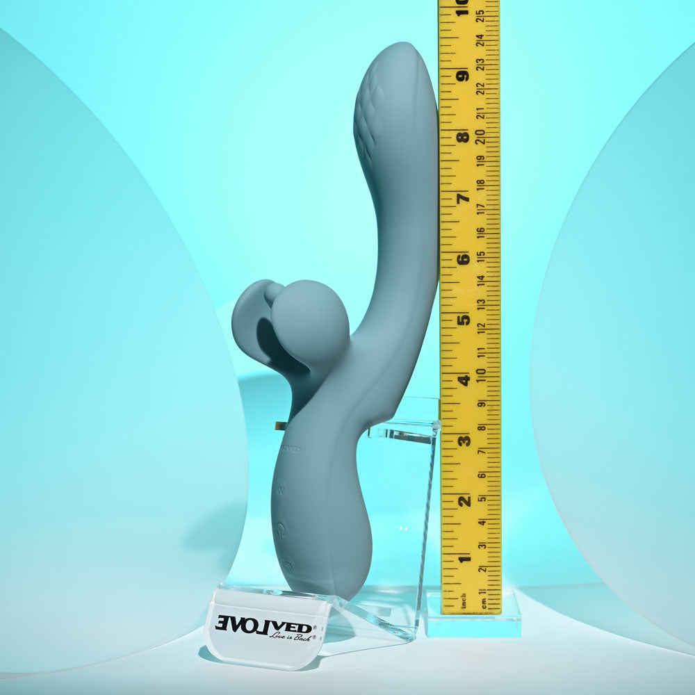 Evolved TAKE YOUR FLICK - Grey 24.1 cm USB Rechargeable Vibrator with Flicking Clitoral Stimulator displayed with a ruler for size reference.