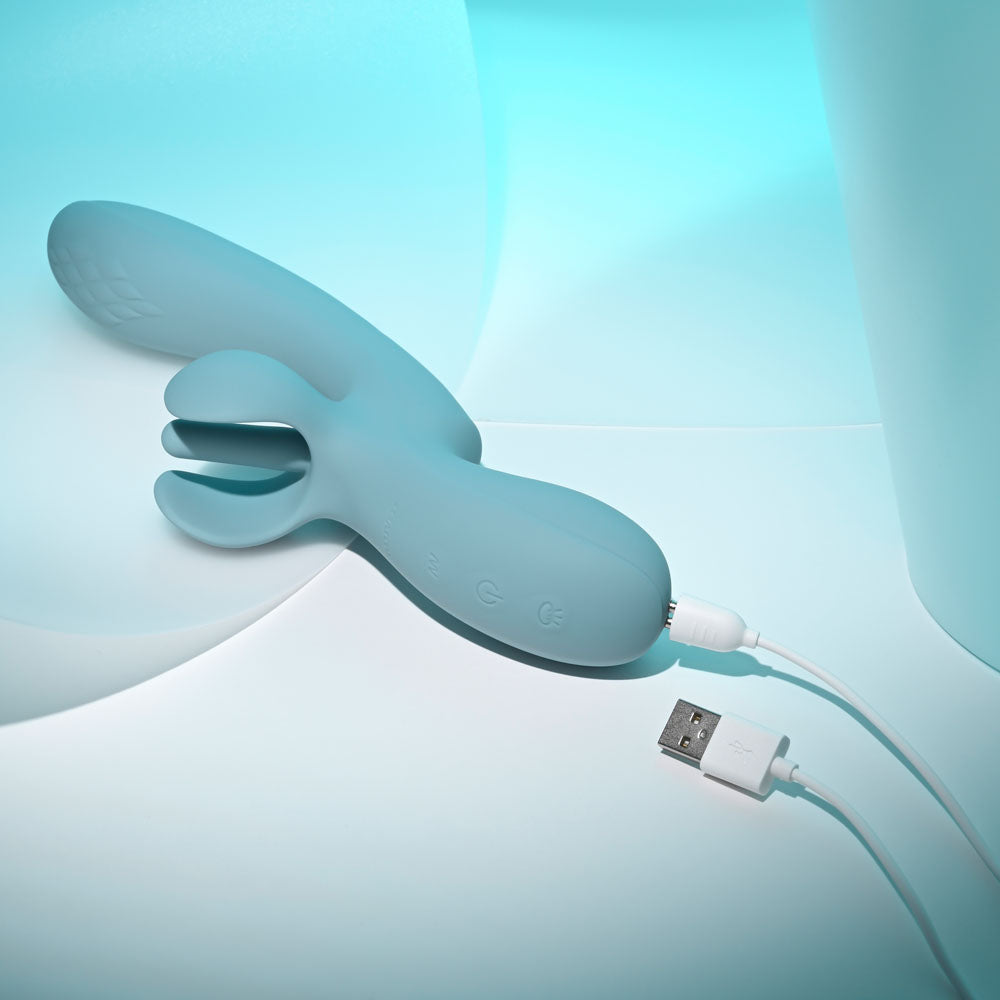 Evolved TAKE YOUR FLICK - Grey 24.1 cm USB Rechargeable Vibrator with Flicking Clitoral Stimulator on a light background.