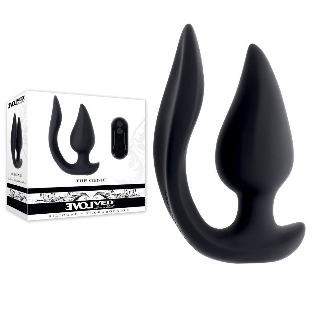 Evolved THE GENIE -  11.2 cm USB Rechargeable Vibrating Plug with Wireless Remote and packaging.
