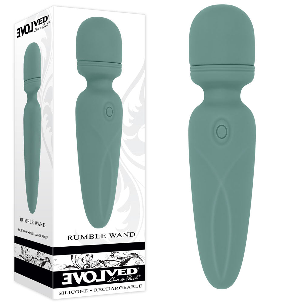 Evolved RUMBLE WAND - Olive 13.4 USB Rechargeable Mini Massage Wand with silicone cover and flexible neck.