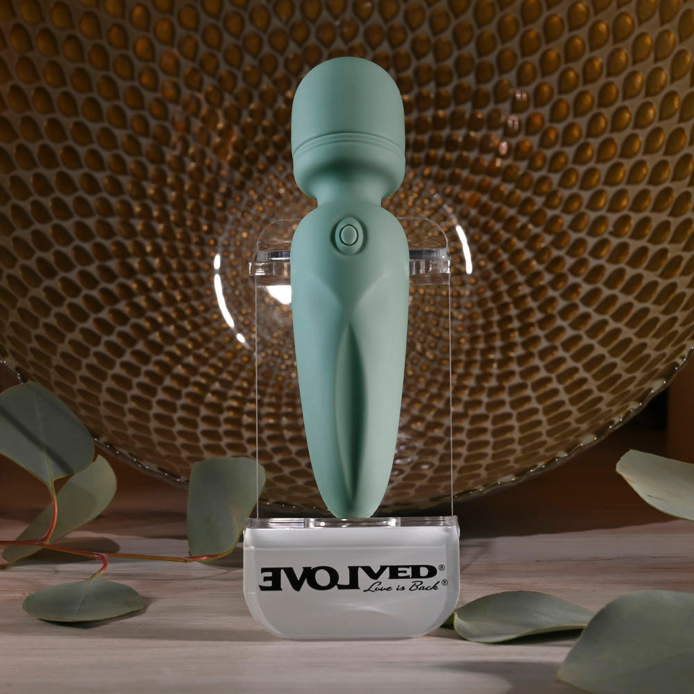 Evolved RUMBLE WAND - Olive  13.4 USB Rechargeable Mini Massage Wand displayed elegantly.