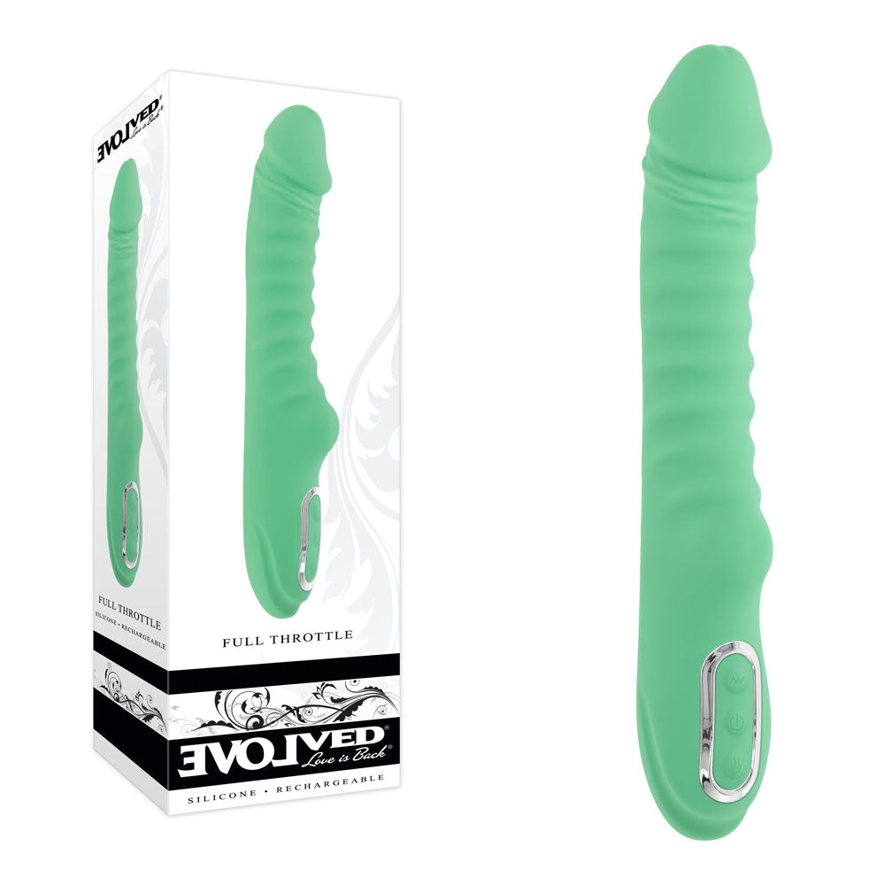 Evolved FULL THROTTLE - Mint 24.1 cm USB Rechargeable Vibrator in packaging, showcasing its vibrant design and features.