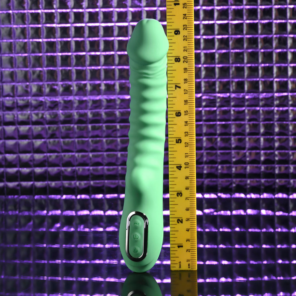 Evolved FULL THROTTLE - Mint 24.1 cm USB Rechargeable Vibrator displayed next to a ruler on a purple background.