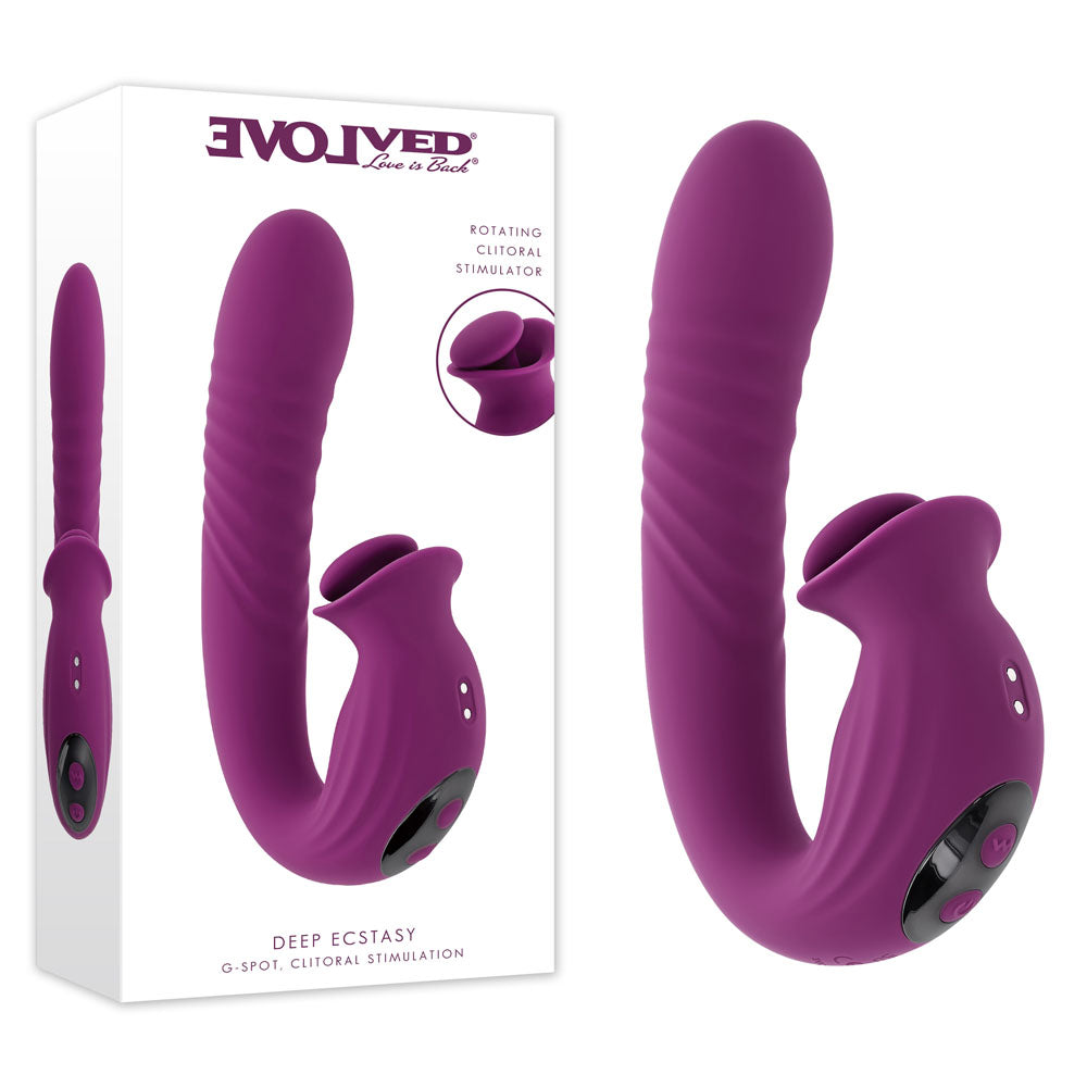 Evolved DEEP ECSTASY - 16.5 cm USB rechargeable thrusting vibrator with ribbed shaft and rotating clitoral stimulator.