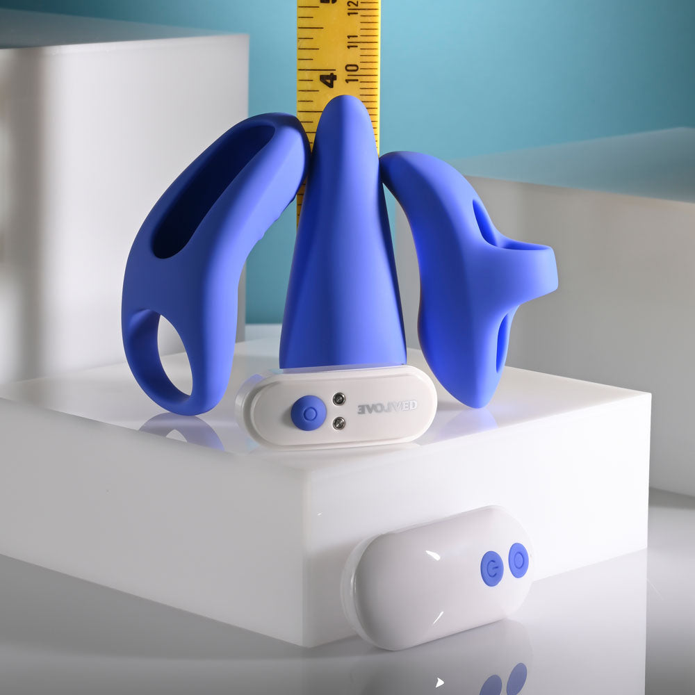 Evolved TAKE YOUR PICK - Rechargeable Bullet with 3 Interchargeable Sleeves displayed on a white pedestal.