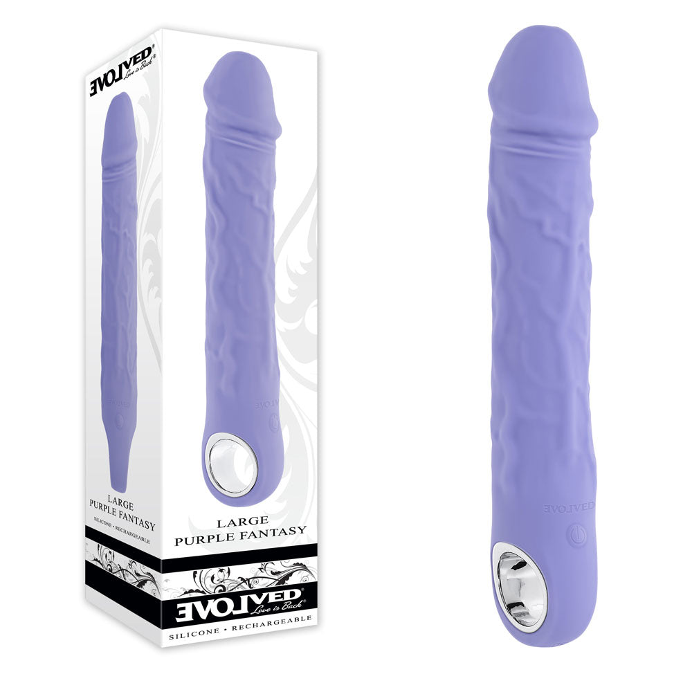 Evolved LARGE FANTASY - 21.8 cm USB Rechargeable Vibrator in purple packaging, showcasing realistic veins and sleek design.
