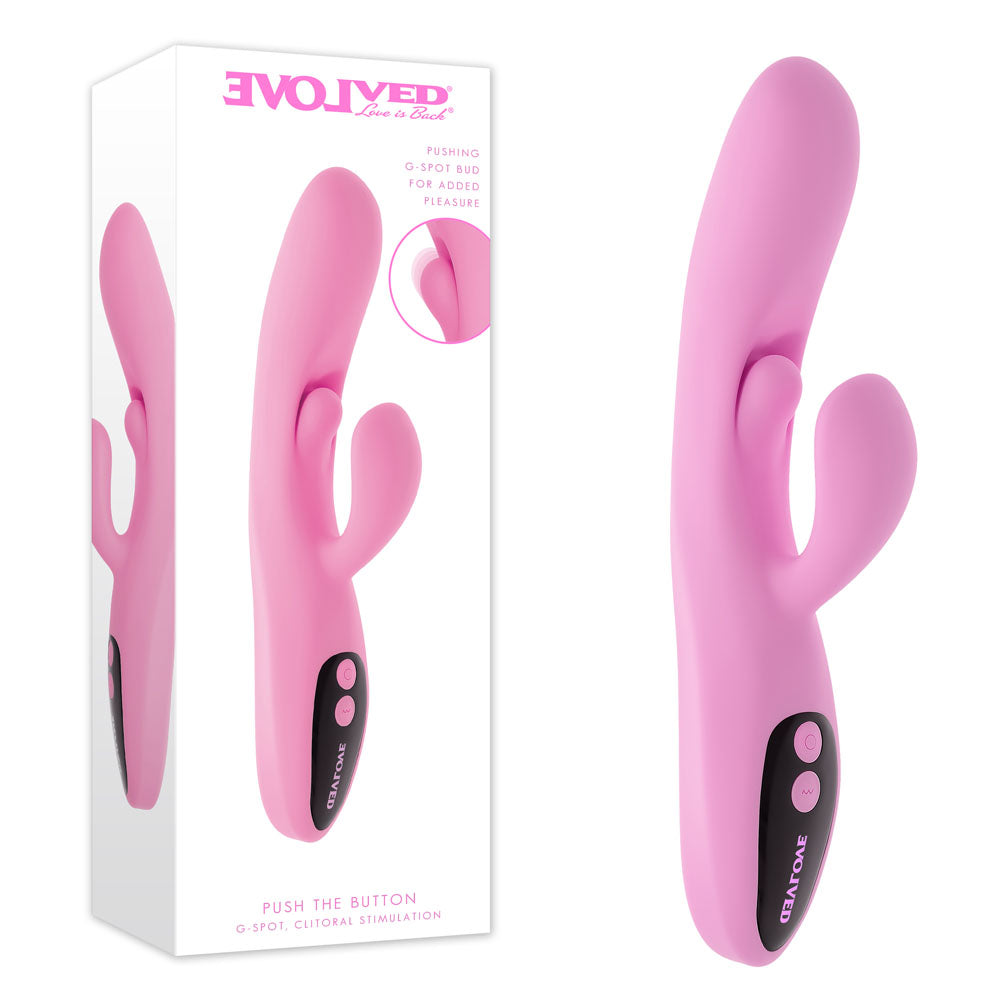 Evolved PUSH THE BUTTON - 23.5 cm USB Rechargeable Rabbit Vibrator with G-Spot Bud in pink packaging.