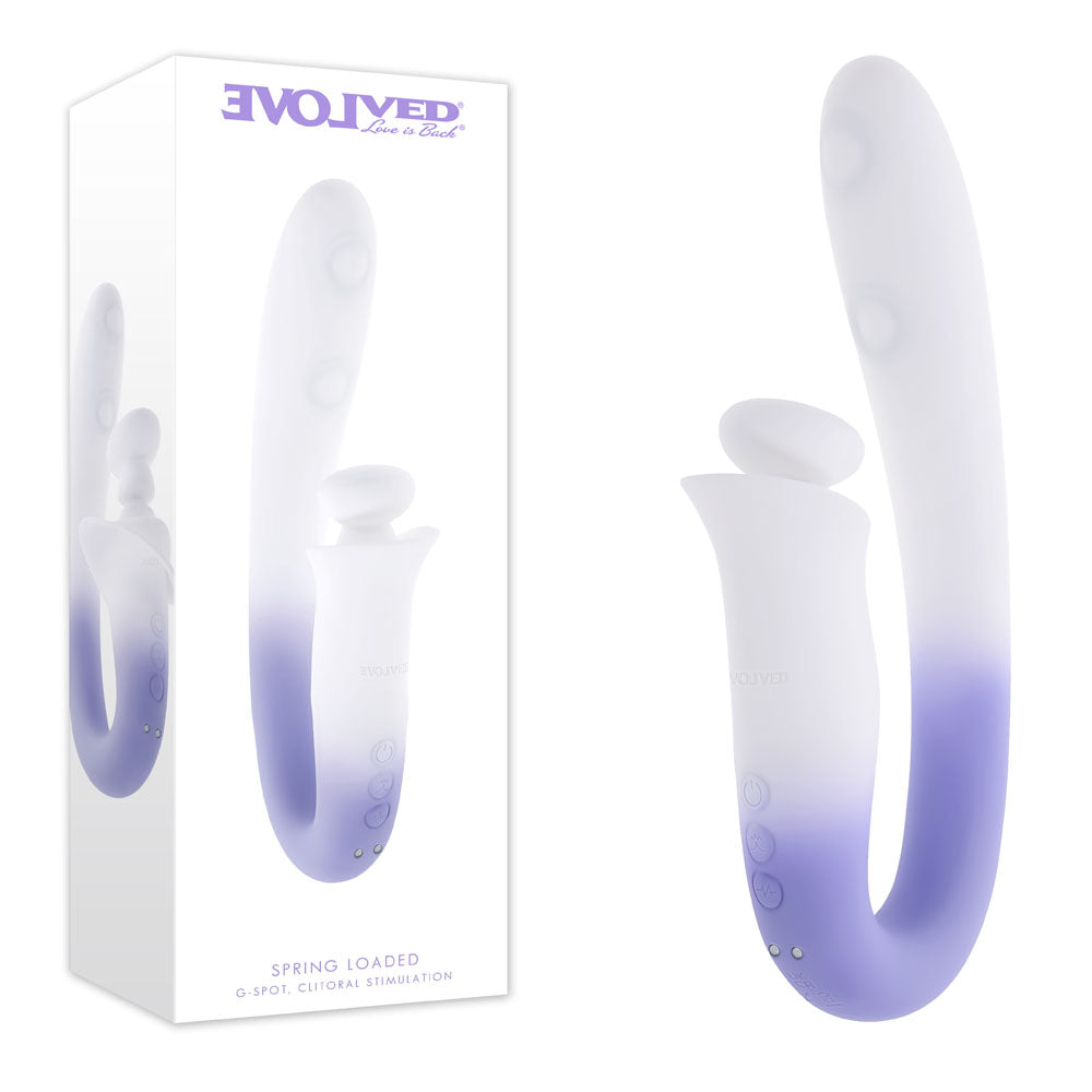 Evolved SPRING LOADED - /Purple 23 cm USB Rechargeable Multi-Tapping Vibrator packaging and product image.