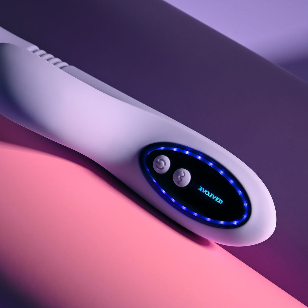 Evolved PEP TALK - 23.3 cm USB Rechargeable Thrusting Vibrator with Tapping Clitoral Stimulator control panel with purple lights
