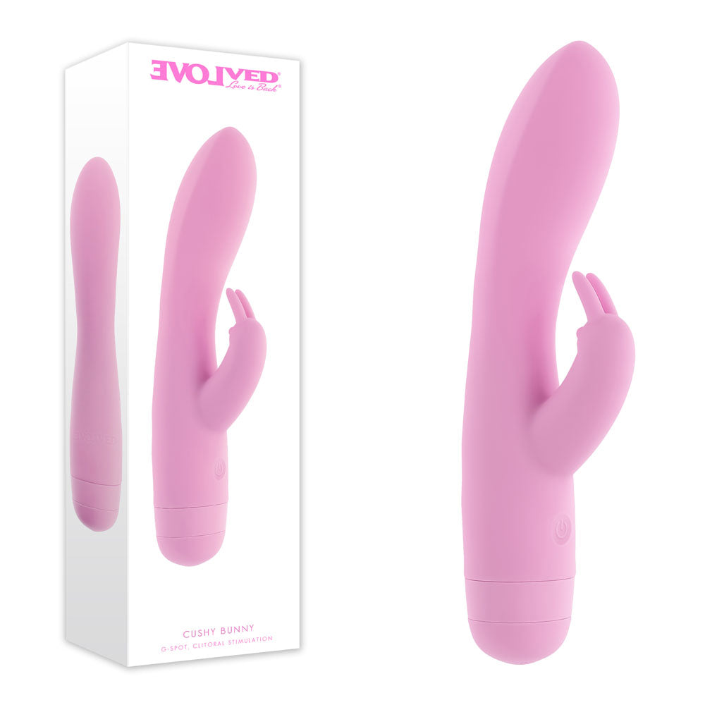 Evolved CUSHY BUNNY - 19.1 cm USB Rechargeable Rabbit Vibrator in pink with packaging.