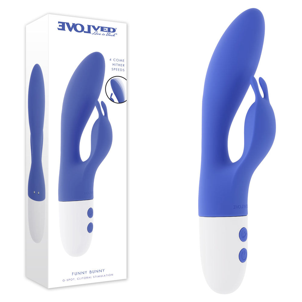 Evolved FUNNY BUNNY - 20 cm USB Rechargeable Rabbit Vibrator in blue packaging and product view.