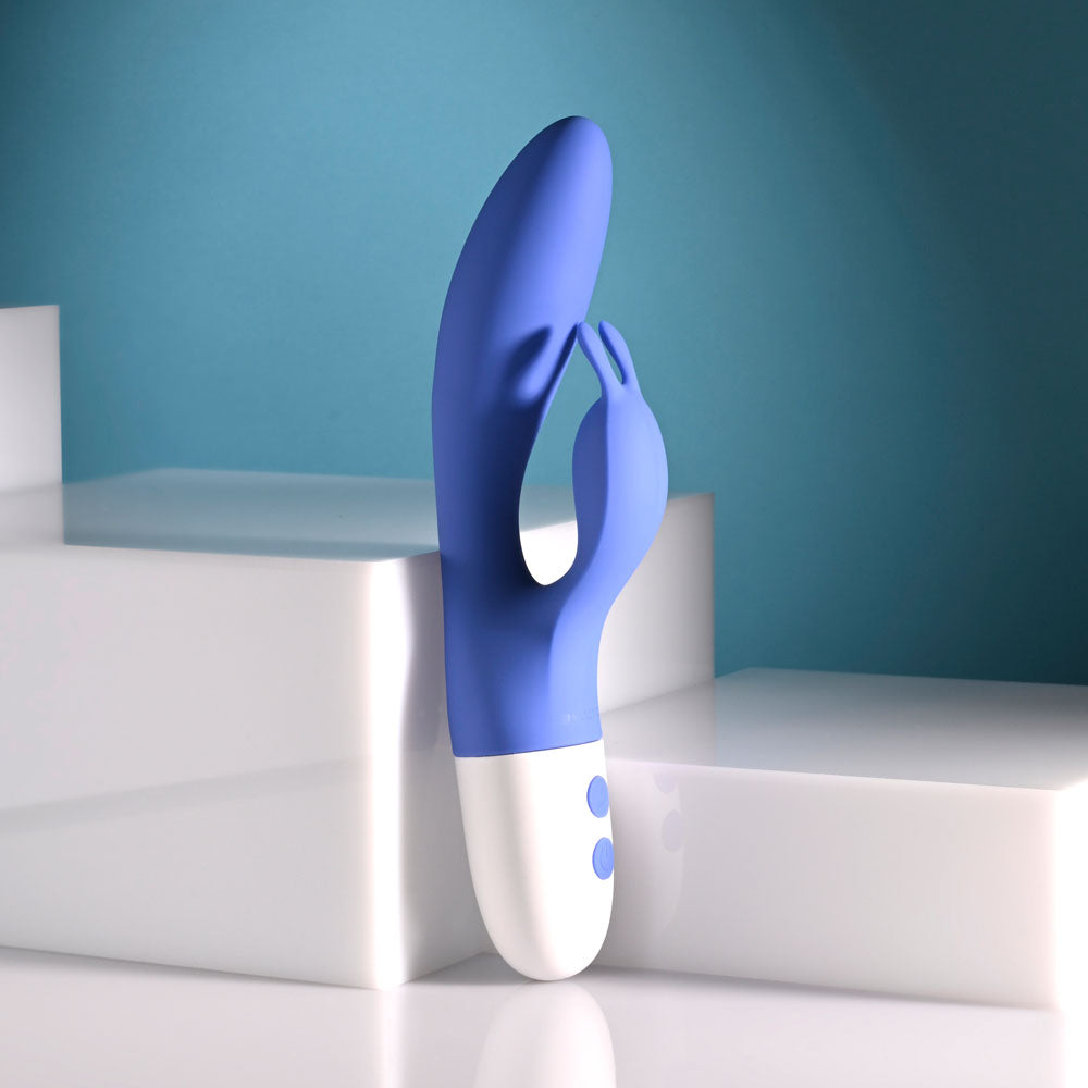 Evolved FUNNY BUNNY - 20 cm USB Rechargeable Rabbit Vibrator on display with soft blue silicone design.