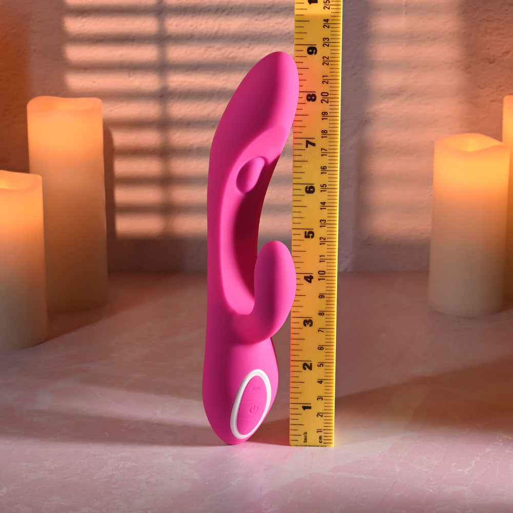 Evolved G-TAPPER - USB Rechargeable Rabbit Vibrator displayed next to a ruler, highlighting its size and features.