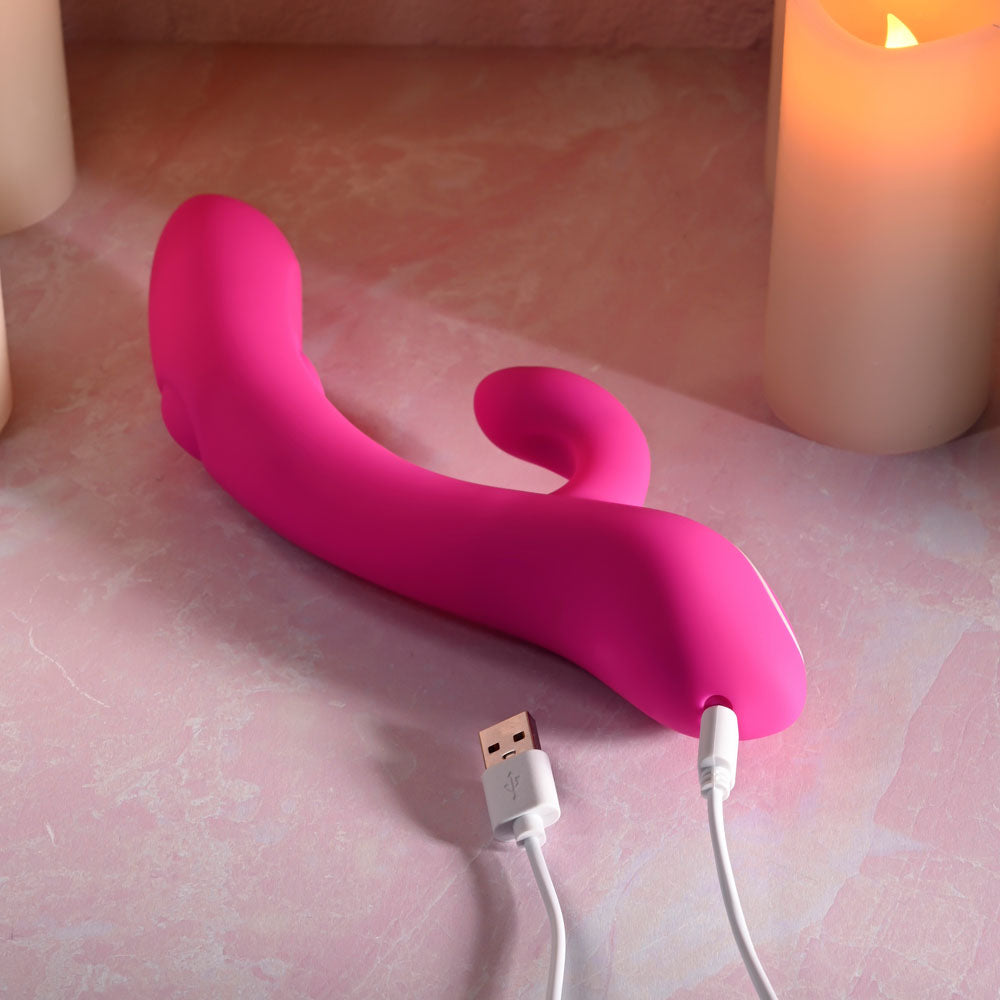 Evolved G-TAPPER - USB Rechargeable Rabbit Vibrator in vibrant pink color, showcasing charging cable and elegant setting.
