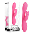 Evolved Bunny Kisses - 20 cm USB Rechargeable Rabbit Vibrator in pink with packaging showing features.