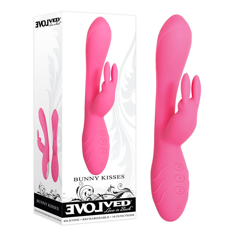 Evolved Bunny Kisses - 20 cm USB Rechargeable Rabbit Vibrator in pink with packaging showing features.