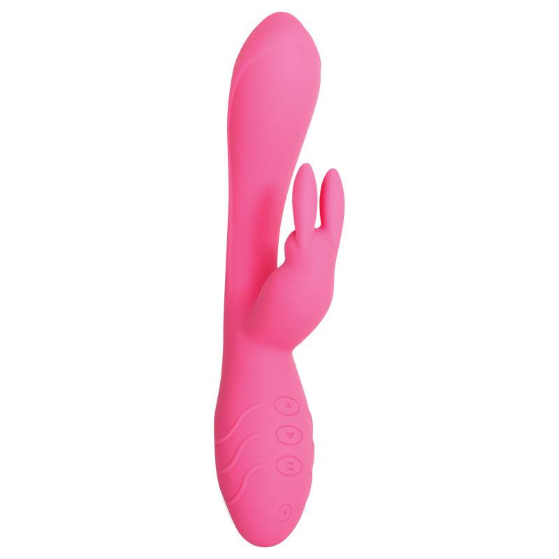 Evolved Bunny Kisses - 20 cm USB Rechargeable Rabbit Vibrator in pink with dual motors for intense pleasure.