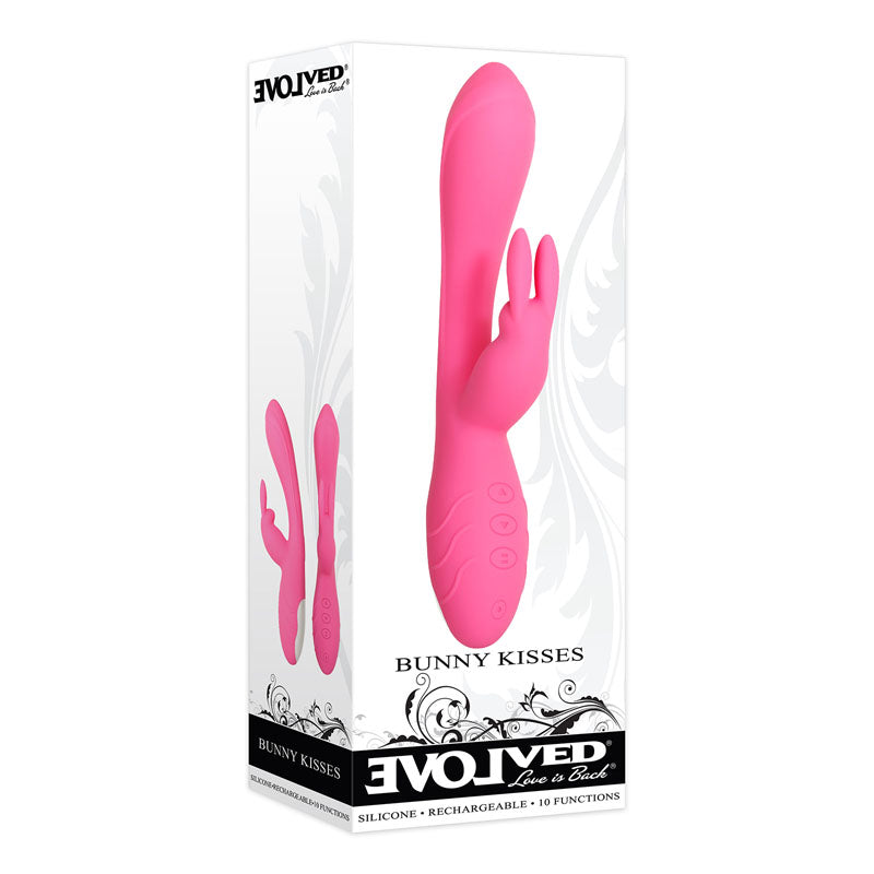 Evolved Bunny Kisses - 20 cm USB Rechargeable Rabbit Vibrator in bright pink packaging with dual motors for pleasure.