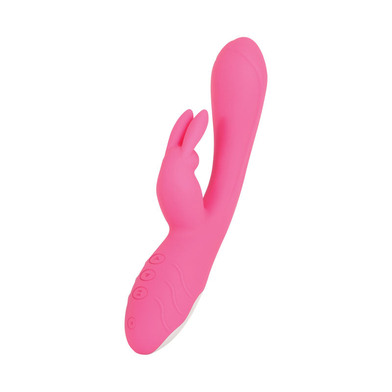 Evolved Bunny Kisses - 20 cm USB Rechargeable Rabbit Vibrator in pink with dual motors for intense pleasure.
