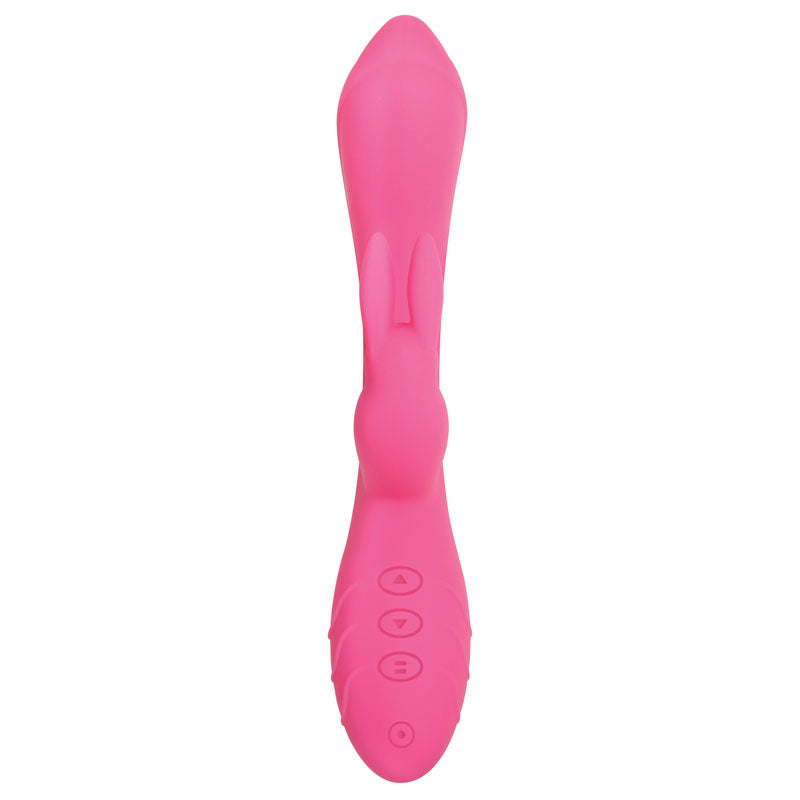 Evolved Bunny Kisses - 20 cm USB Rechargeable Rabbit Vibrator in pink with buttons for customizable pleasure.