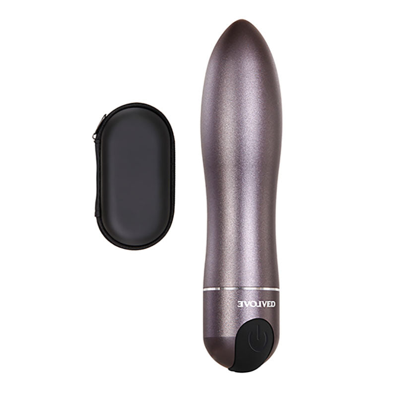 Evolved Travel-Gasm - Gray 9 cm USB Rechargeable Bullet with Travel Case next to a discreet carrying case.