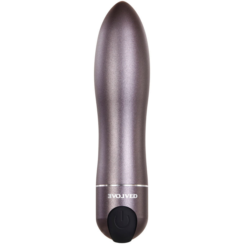 Evolved Travel-Gasm - Gray 9 cm USB Rechargeable Bullet with Travel Case in gunmetal finish.