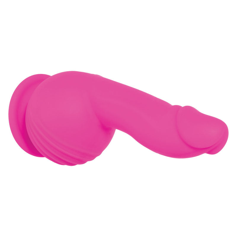 Evolved Ballistic - 19 cm USB Rechargeable Vibrating Dong with Balls Motor & Remote in pink silicone with suction cup base.