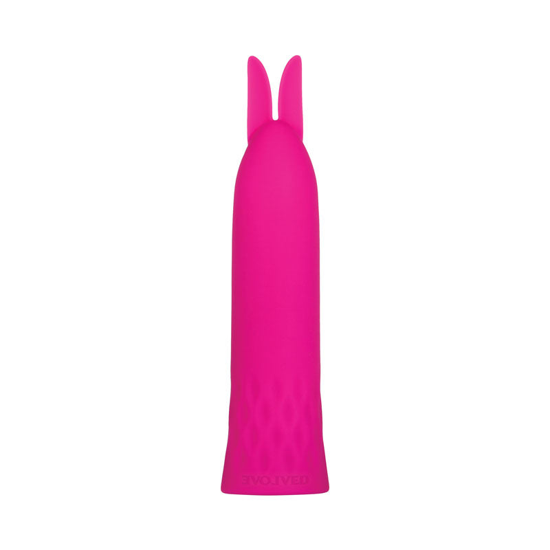 Evolved Bullet Buddy -  10.5 cm USB Rechargeable Bullet in bright pink silicone with bunny ears design.
