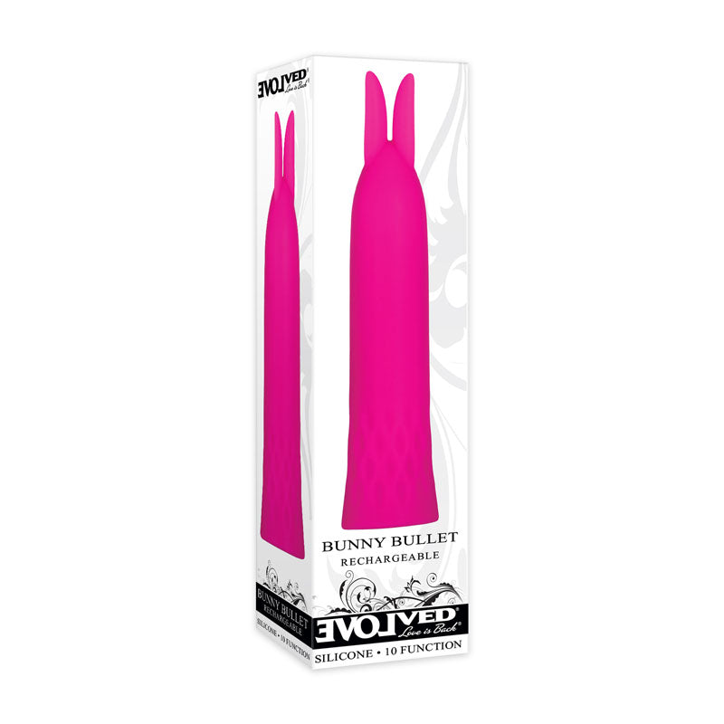 Evolved Bullet Buddy - 10.5 cm USB Rechargeable Bullet in pink silicone packaging with bunny design.