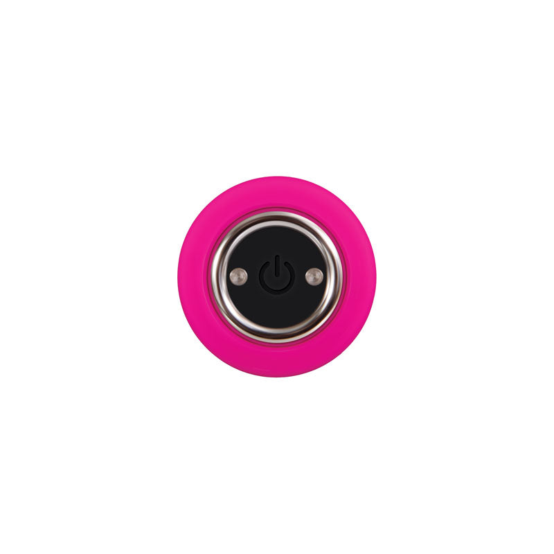 Evolved Bullet Buddy -  10.5 cm USB Rechargeable Bullet power button detail in vibrant pink color.