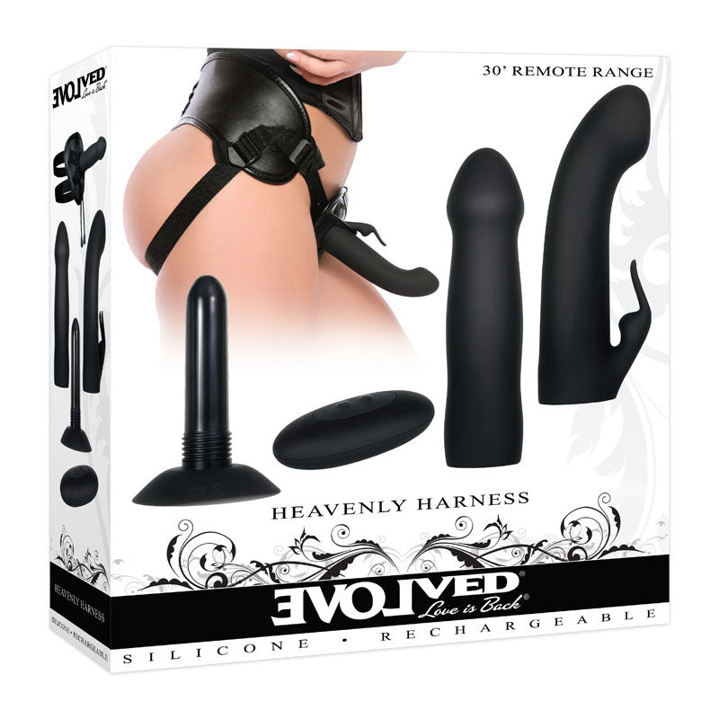 Evolved HEAVENLY HARNESS - USB Rechargeable Strap-On Kit showcasing remote control vibes and silicone attachments.