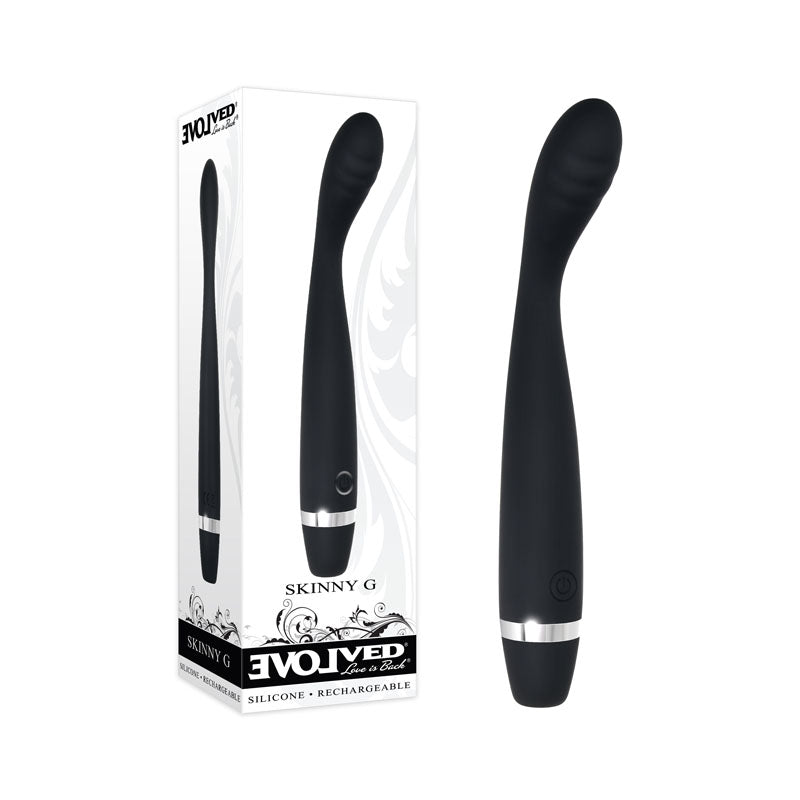 Evolved Skinny G -  17.8 cm USB Rechargeable Vibrator in sleek black design with packaging.