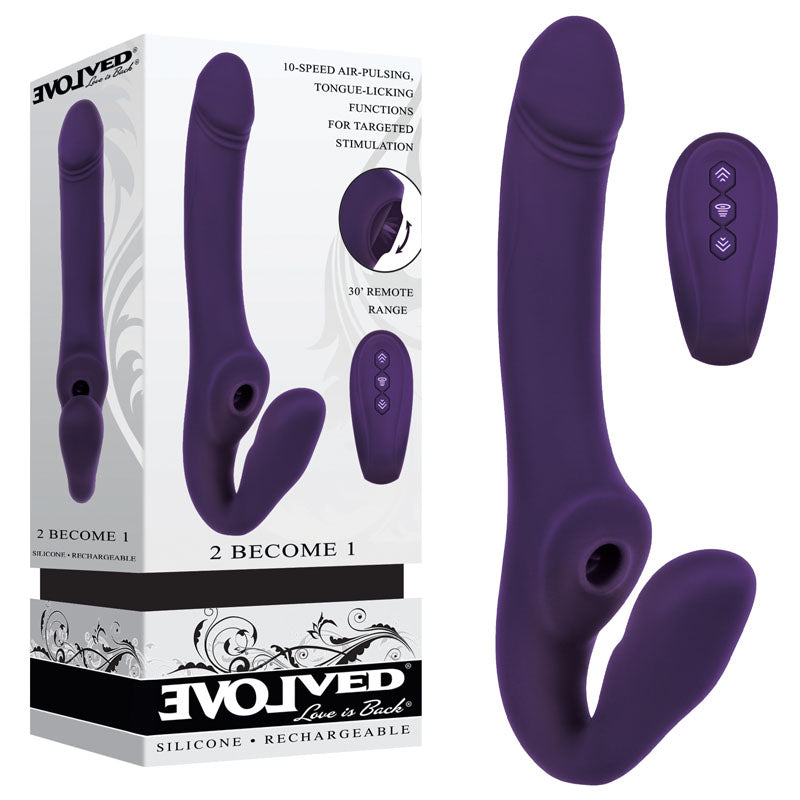 Evolved 2 BECOME 1 -  23.5 cm USB Rechargeable Strapless Strap-On with Remote, showcasing the product design and remote control.