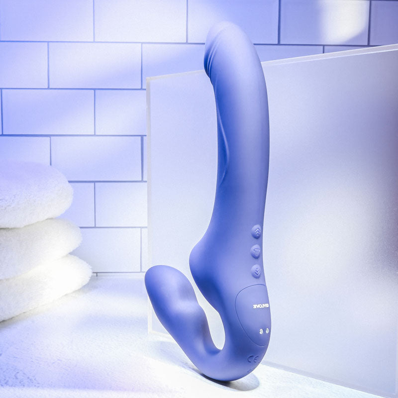 Evolved 2 BECOME 1 - 23.5 cm USB Rechargeable Strapless Strap-On with Remote, sleek design with dual stimulation features.