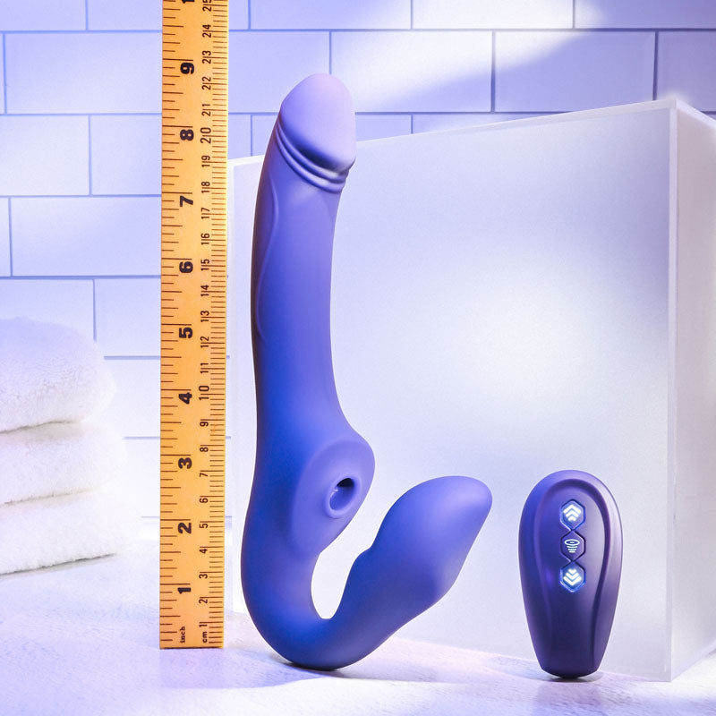 Evolved 2 BECOME 1 - 23.5 cm USB Rechargeable Strapless Strap-On with Remote showcased next to a ruler.