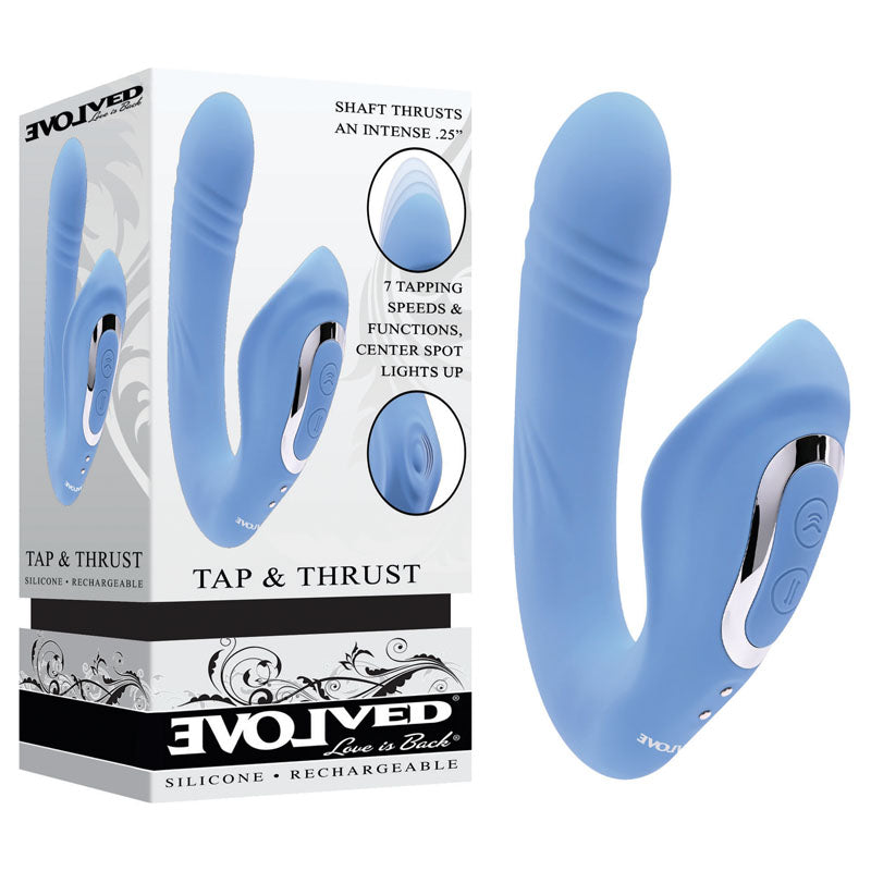 Evolved TAP & THRUST - USB Rechargeable Dual Vibrator in blue with packaging showcasing features and functions.