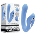 Evolved TAP & THRUST - USB Rechargeable Dual Vibrator in blue with packaging showcasing features and functions.