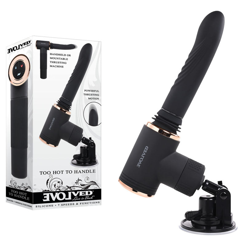 Evolved TOO HOT TO HANDLE - USB Rechargeable Thrusting Vibe with Stand showcasing a powerful design and adjustable suction cup.