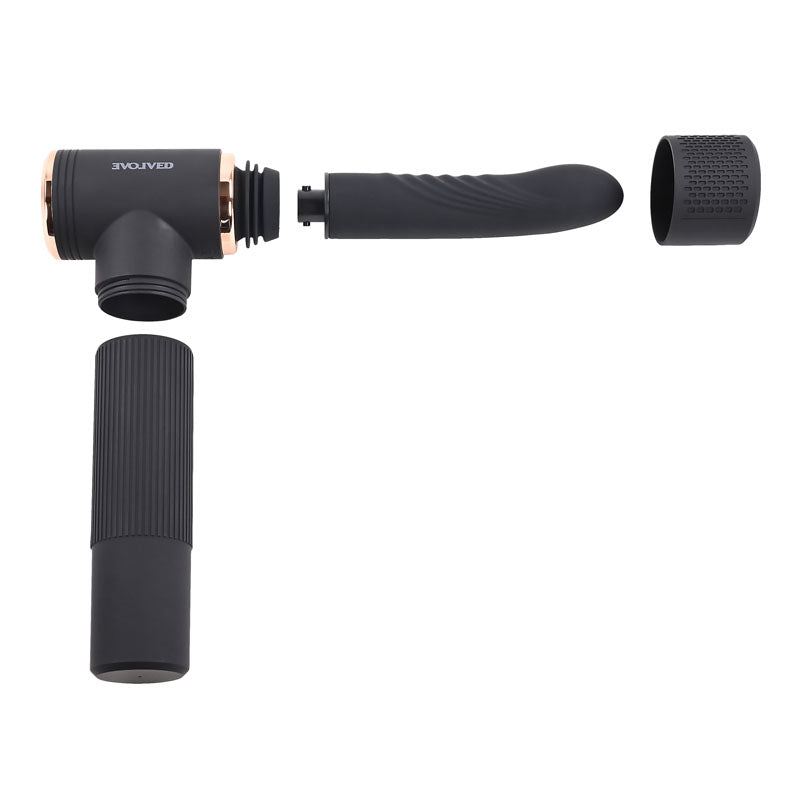 Evolved TOO HOT TO HANDLE - USB Rechargeable Thrusting Vibe with Stand in black, showing detachable parts for customization.