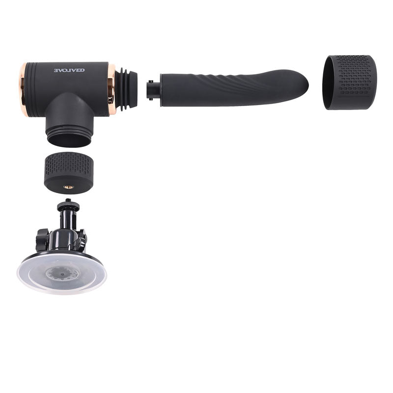 Evolved TOO HOT TO HANDLE -  USB Rechargeable Thrusting Vibe with Stand disassembled parts view for intimate essentials.