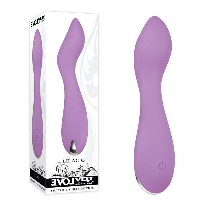Evolved LILAC G - Lilac 11.5 cm USB Rechargeable Mini Vibrator next to its packaging showcasing the sleek design.