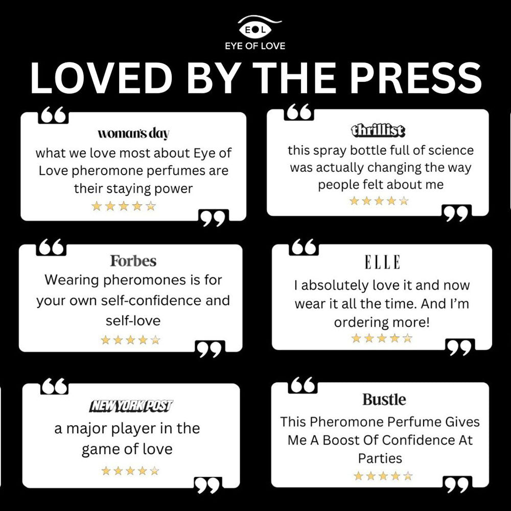Loved by the press testimonials for Eye of Love pheromone perfumes showcasing positive reviews and confidence boost.