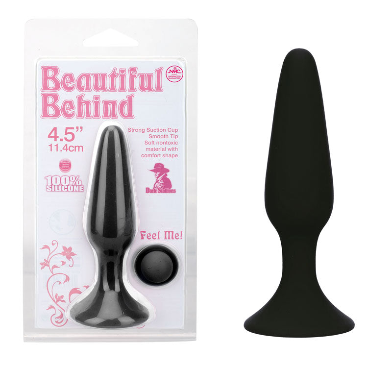 Beautiful Behind -  11.5 cm Butt Plug with suction cup base and smooth silicone tip in packaging.