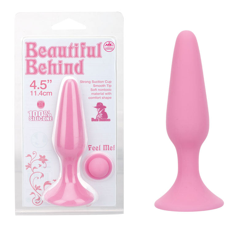 Beautiful Behind -  11.5 cm Butt Plug in pink silicone packaging with suction cup base, smooth tip, and comfort shape.
