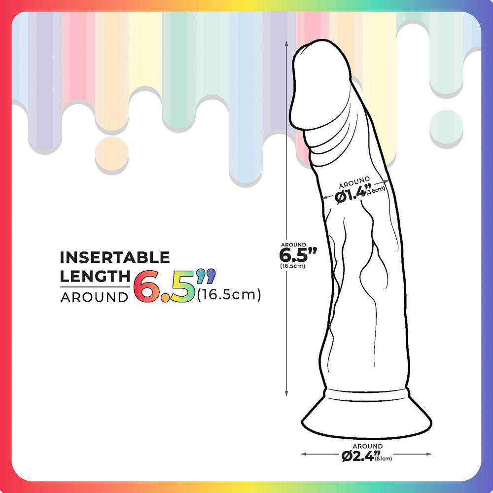 Jellido 16.5cm Dildo - Clear  16.5 cm Dildo dimensions showcasing insertable length of 6.5 inches.