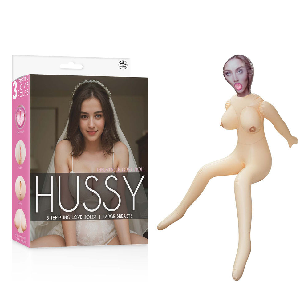 Hussy - Gwen - Inflatable Love Doll displayed alongside its packaging, emphasizing intimate essentials for her.