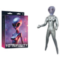 To Infinity - Silver Inflatable Alien Love Doll next to its packaging, showcasing the unique design for intimate essentials.