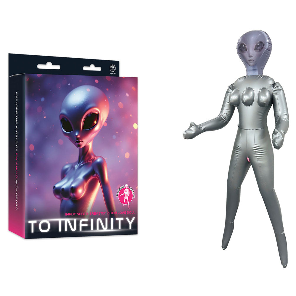 To Infinity - Silver Inflatable Alien Love Doll next to its packaging, showcasing the unique design for intimate essentials.